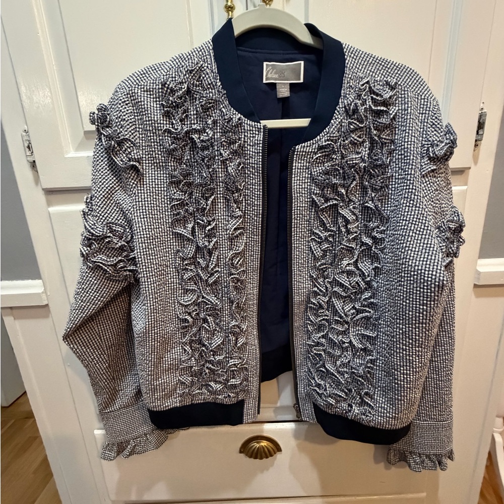 Chelsea28 Sear Sucker Zip Up Ruffled Jacket Navy White Checks